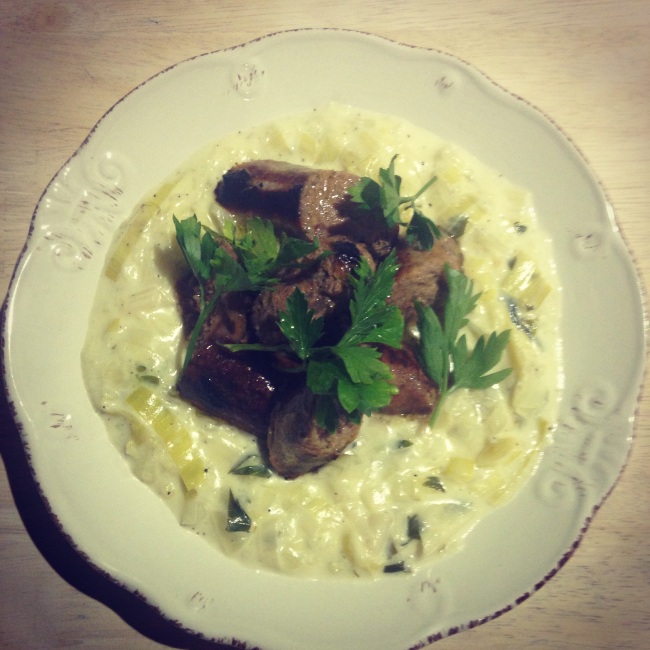 Creamed Fennel & Leek topped with Sausages